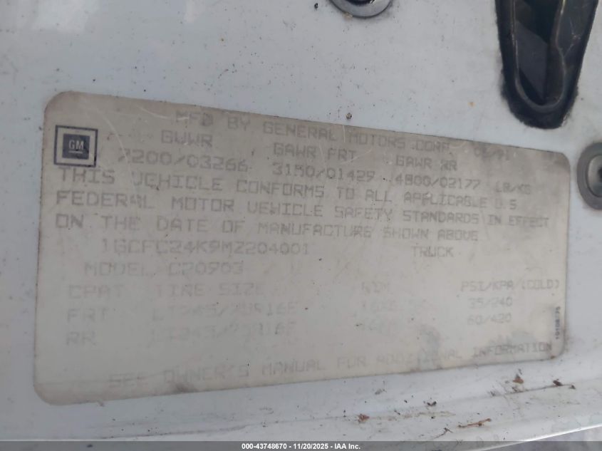 1991 Chevrolet Gmt-400 C2500 VIN: 1GCFC24K9MZ204001 Lot: 43748670