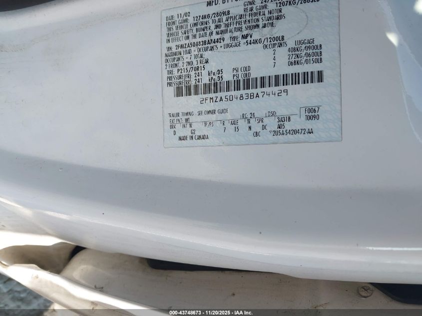 2003 Ford Windstar Standard VIN: 2FMZA50483BA74429 Lot: 43748673