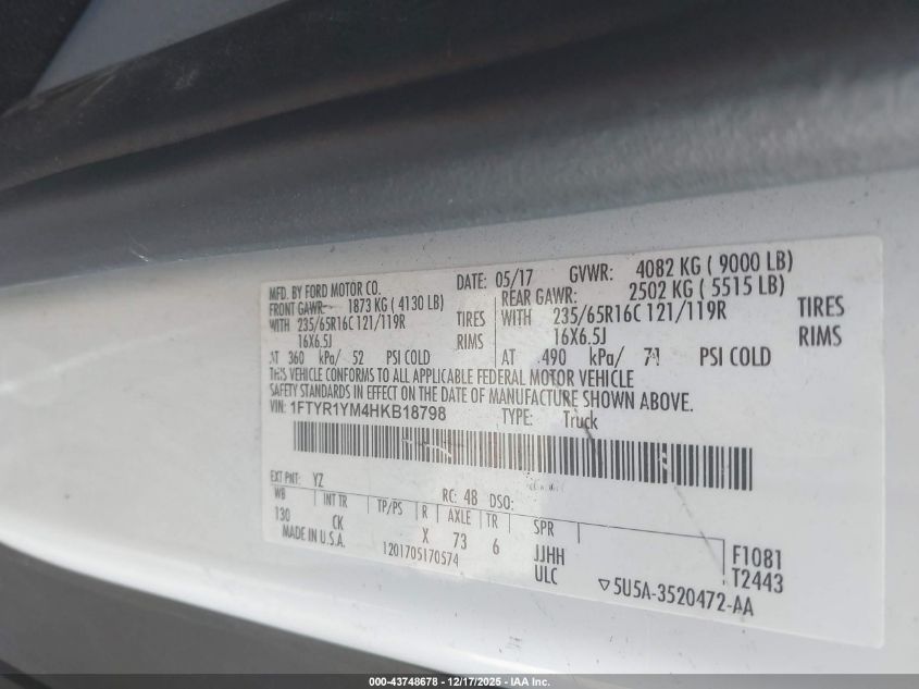 2017 Ford Transit-250 VIN: 1FTYR1YM4HKB18798 Lot: 43748678