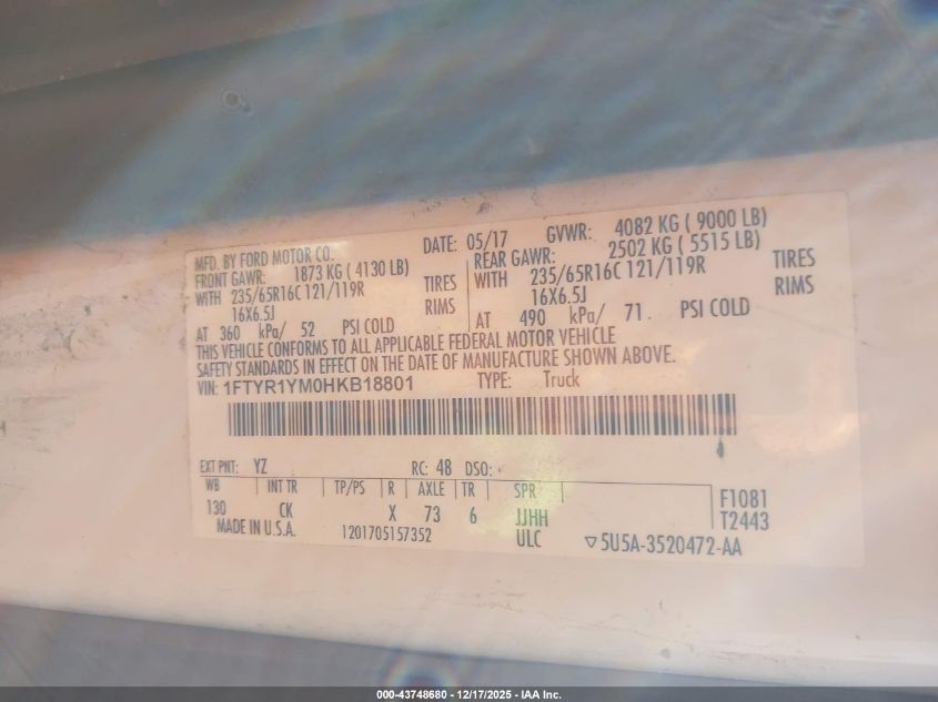 2017 Ford Transit-250 VIN: 1FTYR1YM0HKB18801 Lot: 43748680