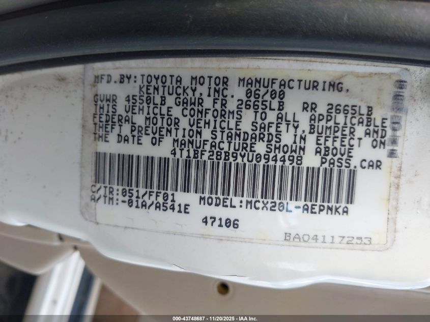 2000 Toyota Avalon Xl VIN: 4T1BF28B9YU094498 Lot: 43748687