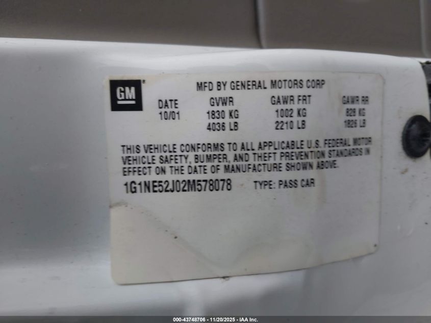 2002 Chevrolet Malibu Ls VIN: 1G1NE52J02M578078 Lot: 43748706