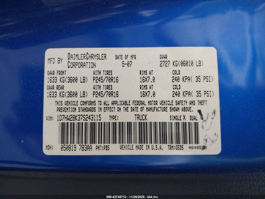 2007 Dodge Dakota St VIN: 1D7HW28K37S243115 Lot: 43748712