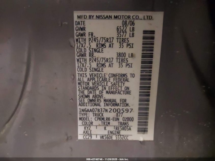 2007 Nissan Titan Xe VIN: 1N6AA07B37N200597 Lot: 43748746
