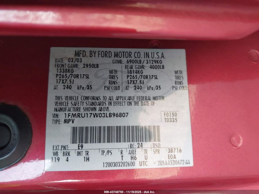 2003 Ford Expedition Eddie Bauer VIN: 1FMRU17W03LB96807 Lot: 43748750