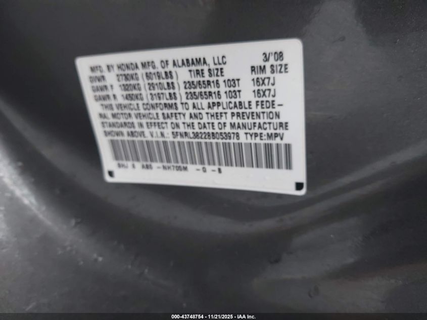 2008 Honda Odyssey Lx VIN: 5FNRL38228B053978 Lot: 43748754