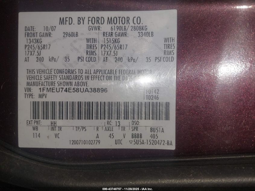 2008 Ford Explorer Eddie Bauer VIN: 1FMEU74E58UA38896 Lot: 43748757