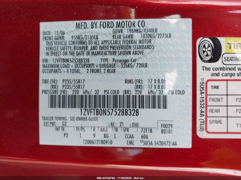 2007 Ford Mustang V6 Deluxe/V6 Premium VIN: 1ZVFT80N575288328 Lot: 43748760