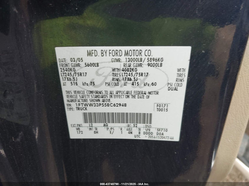 2005 Ford F-350 Lariat/Xl/Xlt VIN: 1FTWW33P55EC62948 Lot: 43748798