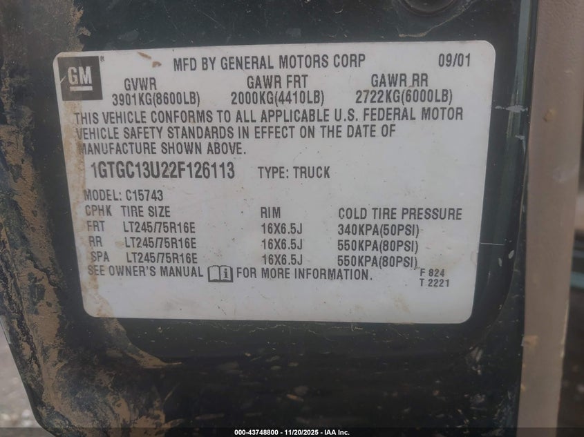 2002 GMC Sierra 1500Hd Sle VIN: 1GTGC13U22F126113 Lot: 43748800