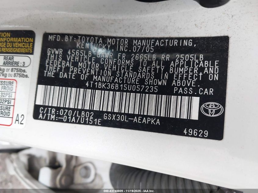 2005 Toyota Avalon Limited VIN: 4T1BK36B15U057235 Lot: 43748809