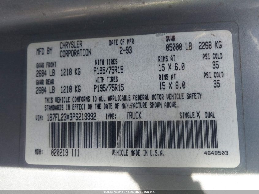 1993 Dodge Dakota VIN: 1B7FL23X3PS219992 Lot: 43748811