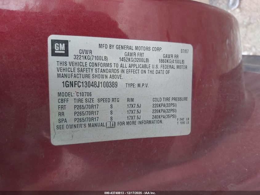 2008 Chevrolet Tahoe Lt VIN: 1GNFC13048J100389 Lot: 43748813