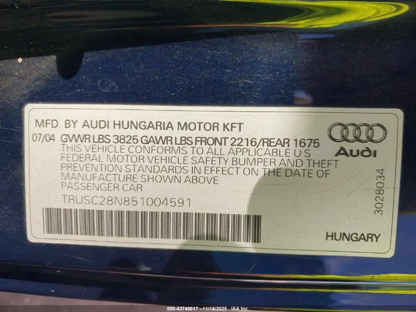 2005 Audi Tt 1.8L VIN: TRUSC28N851004591 Lot: 43748817