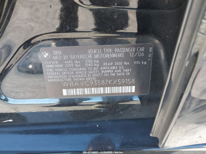 2007 BMW 328Xi VIN: WBAVC93587KX59158 Lot: 43748857