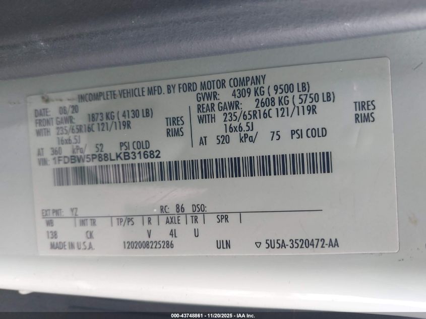 2020 Ford Transit-350 Cutaway VIN: 1FDBW5P88LKB31682 Lot: 43748861