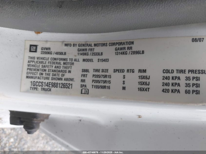 2008 Chevrolet Colorado Work Truck VIN: 1GCCS14E988126521 Lot: 43748876