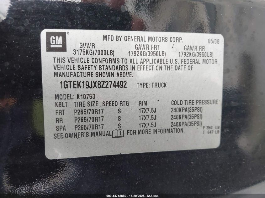 2008 GMC Sierra 1500 Sle1 VIN: 1GTEK19JX8Z274492 Lot: 43748880