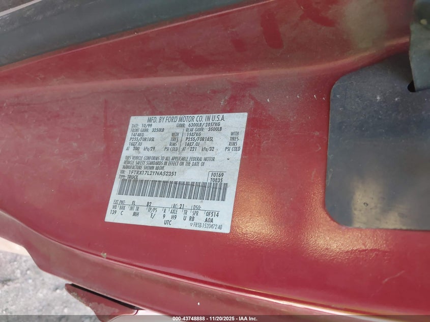 2000 Ford F-150 Lariat/Work Series/Xl/Xlt VIN: 1FTRX17L2YNA52351 Lot: 43748888