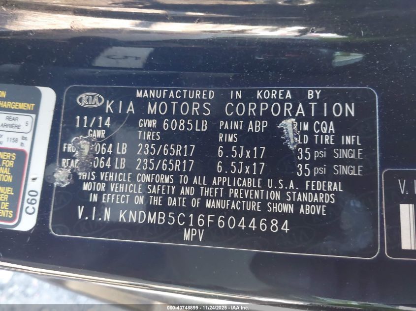 2015 Kia Sedona Lx VIN: KNDMB5C16F6044684 Lot: 43748899