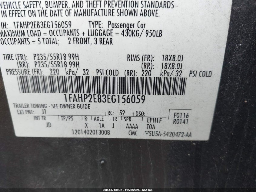 2014 Ford Taurus Sel VIN: 1FAHP2E83EG156059 Lot: 43748902