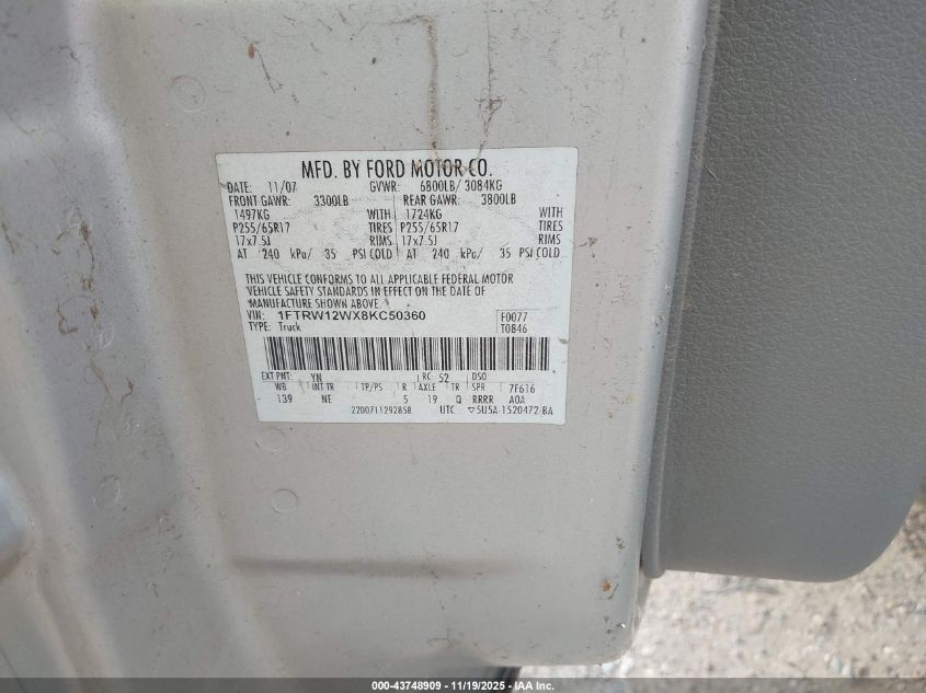 2008 Ford F-150 60Th Anniversary/Fx2/Xl/Xlt VIN: 1FTRW12WX8KC50360 Lot: 43748909
