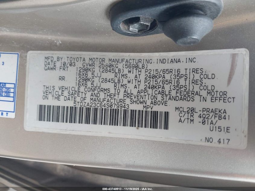 2004 Toyota Sienna Le VIN: 5TDZA23C64S079943 Lot: 43748913