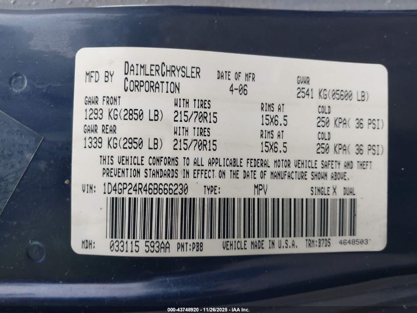 2006 Dodge Grand Caravan Se VIN: 1D4GP24R46B666230 Lot: 43748920