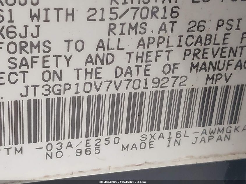 1997 Toyota Rav4 VIN: JT3GP10V7V7019272 Lot: 43748922