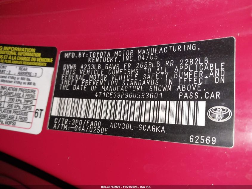 2006 Toyota Camry Solara Sle VIN: 4T1CE38P96U593601 Lot: 43748929