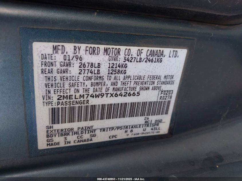 1996 Mercury Grand Marquis Gs VIN: 2MELM74W9TX642665 Lot: 43748953