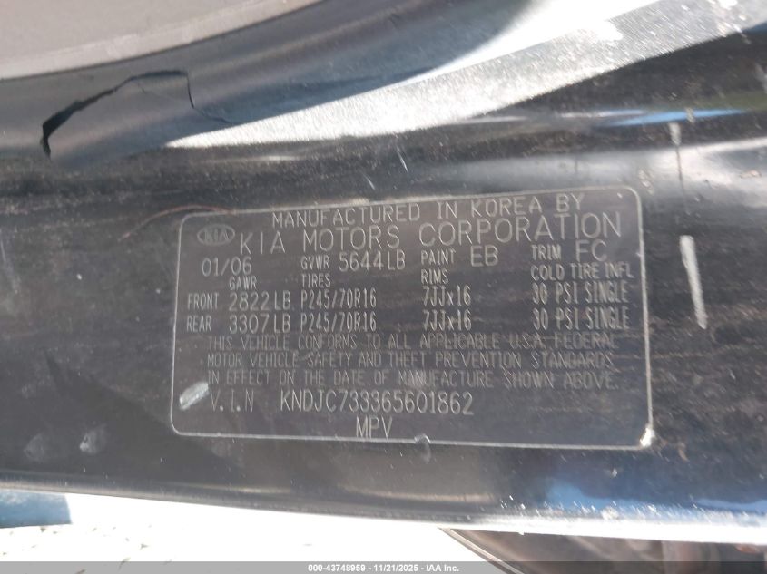 2006 Kia Sorento Ex/Lx VIN: KNDJC733365601862 Lot: 43748959
