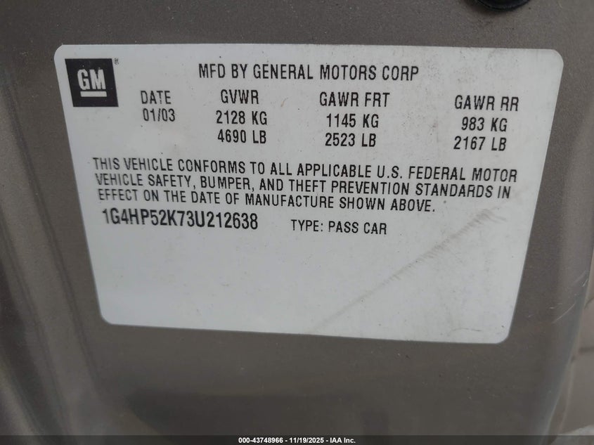 2003 Buick Lesabre Custom VIN: 1G4HP52K73U212638 Lot: 43748966