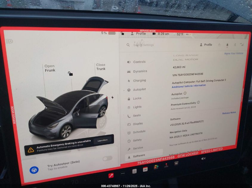 2022 Tesla Model Y Long Range Dual Motor All-Wheel Drive VIN: 7SAYGDEE5NF442598 Lot: 43748987
