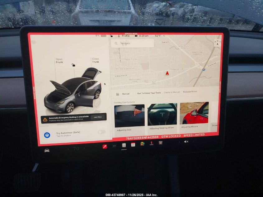 2022 Tesla Model Y Long Range Dual Motor All-Wheel Drive VIN: 7SAYGDEE5NF442598 Lot: 43748987