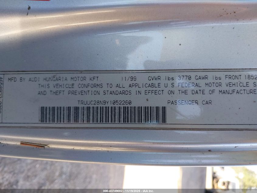 2000 Audi Tt VIN: TRUUC28N9Y1052260 Lot: 43749002