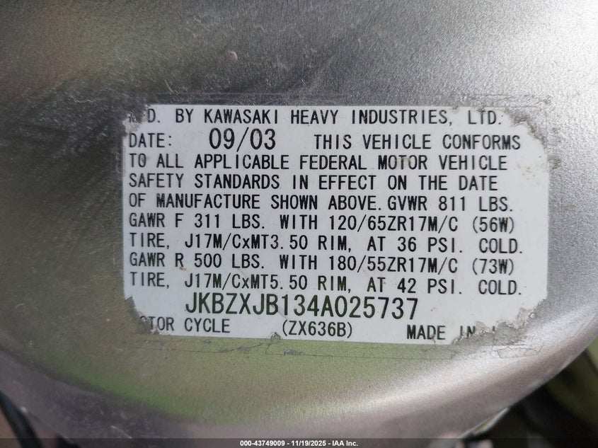 2004 Kawasaki Zx636 B1 VIN: JKBZXJB134A025737 Lot: 43749009