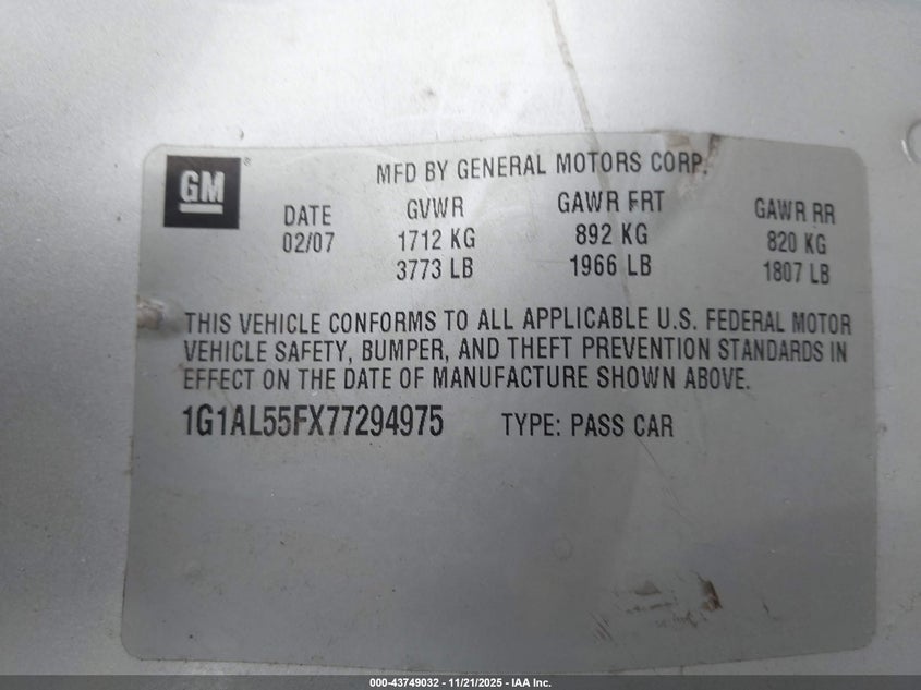 2007 Chevrolet Cobalt Lt VIN: 1G1AL55FX77294975 Lot: 43749032