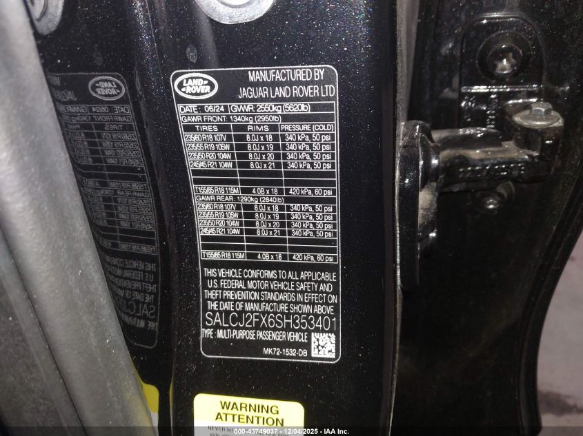 2025 Land Rover Discovery Sport S VIN: SALCJ2FX6SH353401 Lot: 43749037