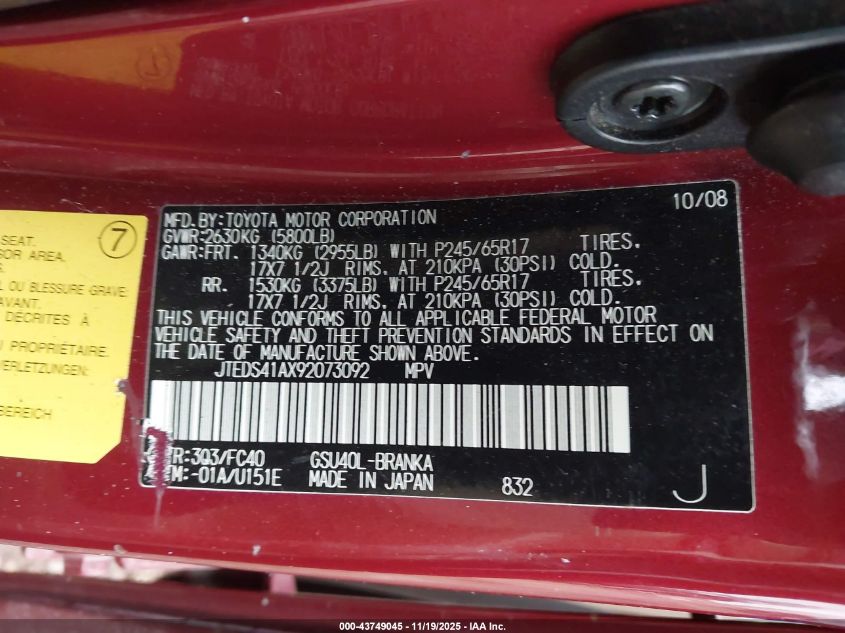 2009 Toyota Highlander VIN: JTEDS41AX92073092 Lot: 43749045