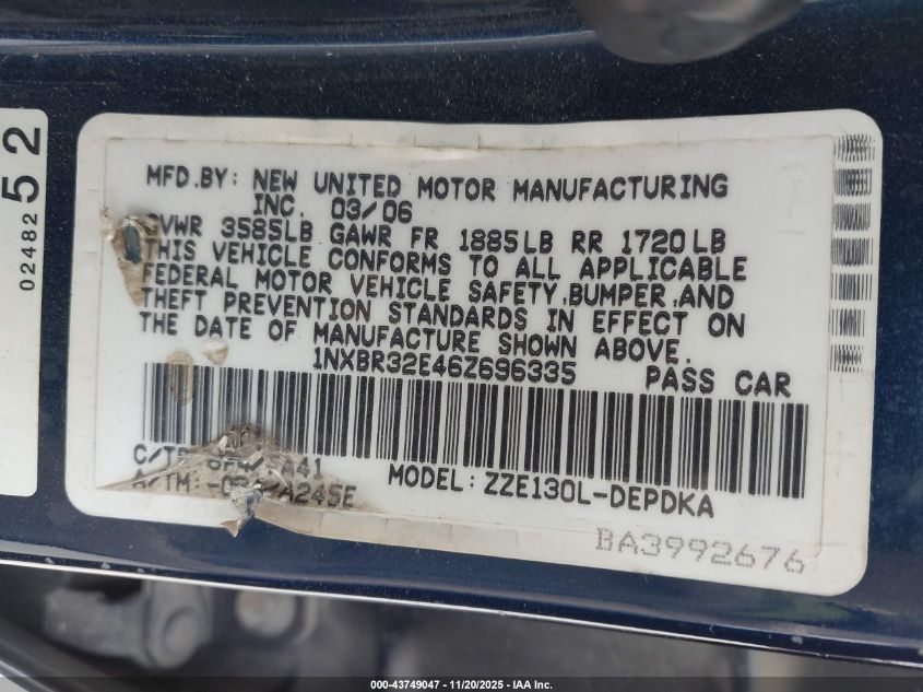 2006 Toyota Corolla Ce VIN: 1NXBR32E46Z696335 Lot: 43749047