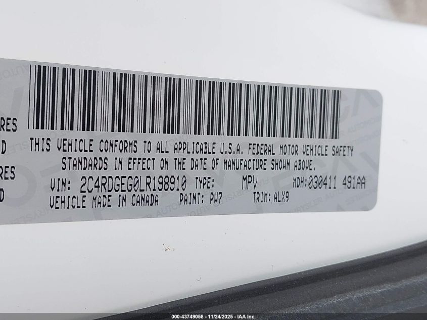 2020 Dodge Grand Caravan Gt VIN: 2C4RDGEG0LR198910 Lot: 43749058
