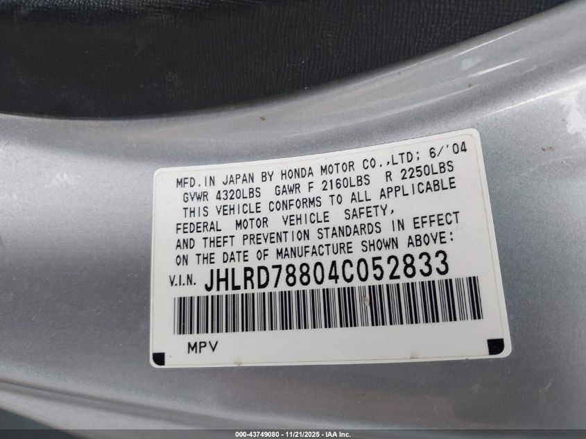 2004 Honda Cr-V Ex VIN: JHLRD78804C052833 Lot: 43749080