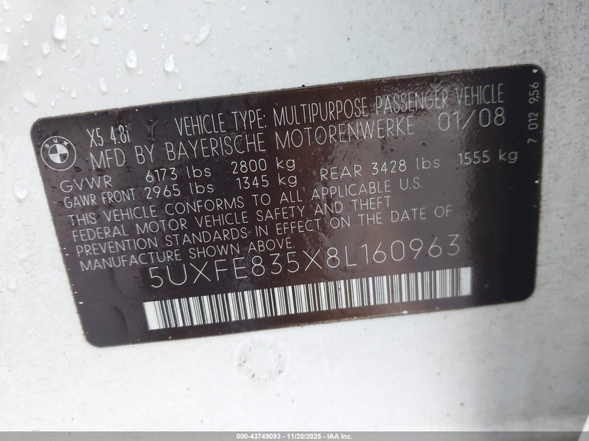 2008 BMW X5 4.8I VIN: 5UXFE835X8L160963 Lot: 43749093