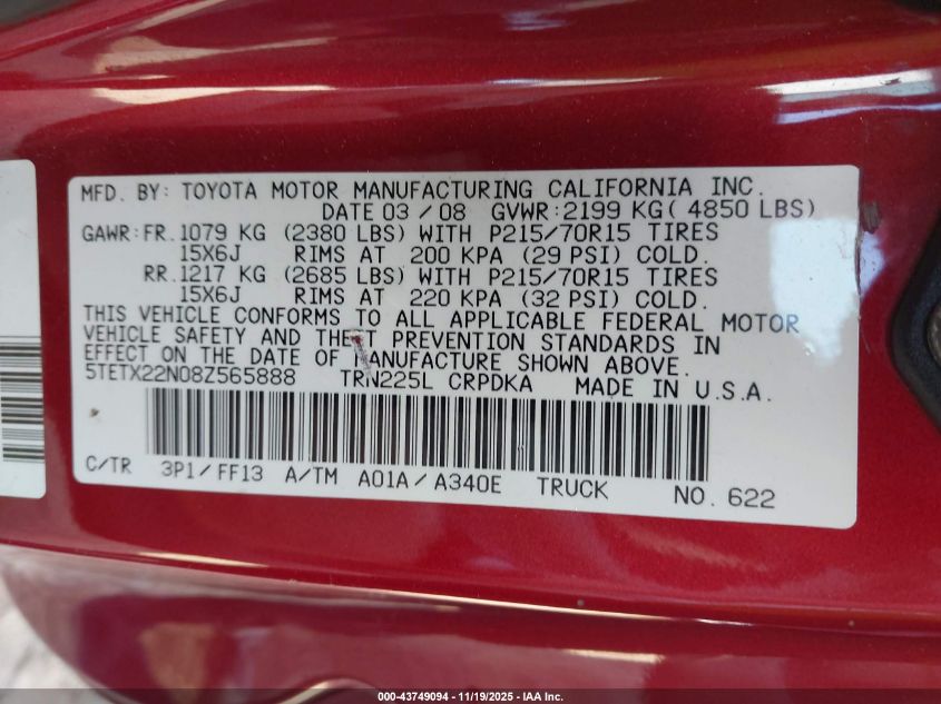 2008 Toyota Tacoma VIN: 5TETX22N08Z565888 Lot: 43749094