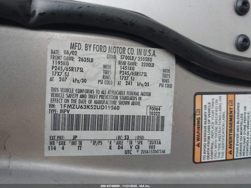 1FMZU63K52UD19560 2002 FORD EXPLORER photo no. 9