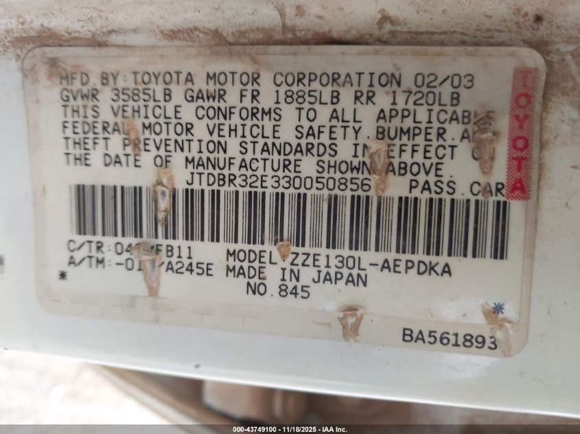 2003 Toyota Corolla Ce VIN: JTDBR32E330050856 Lot: 43749100