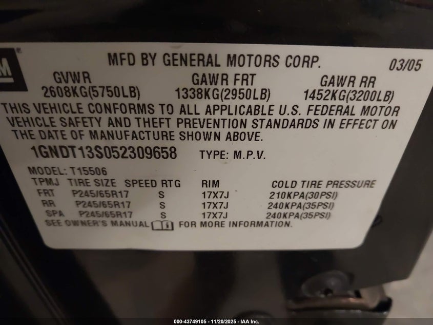 2005 Chevrolet Trailblazer Lt VIN: 1GNDT13S052309658 Lot: 43749105