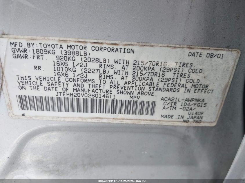 2002 Toyota Rav4 VIN: JTEHH20V026014611 Lot: 43749117