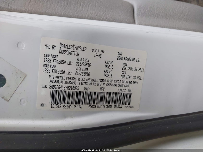 2A8GP64L87R210985 2007 CHRYSLER TOWN & COUNTRY photo no. 9